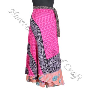 Fantaisie Sari Soie Longues Jupes Wrap pour Filles 2 Couche Réversible Magique Soie Saris Wrap Longue Jupe Soie Tissu Imprimé Beige Magique - Product Image 2