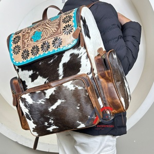 Western Hand <b>Tooled</b> Cowhide Leather Diaper <b>Backpack</b> for Women's Designer Genuine Hair-on Hide Travel Rucksack Durable & Stylish - Product Image 1