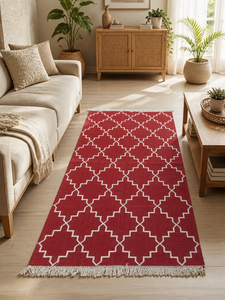 Tapis de couloir Kilim indien fait main en coton tissé plat, rouge, géométrique, moderne, hexagonal, épais, avec franges, pour salon et couloir - Product Image 3