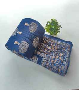 Gold Floral Razai Quilt Queen Size Organic Cotton <b>Blanket</b> Rajasthani Block Print Style - Product Image 1