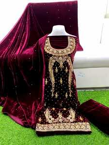 ชุดเดรสกำมะหยี่สำหรับผู้หญิงปากีสถานพร้อมลูกปัด nakshi dabka ขนาดใหญ่เสื้อและชุดแต่งงาน dupatta - Product Image 3