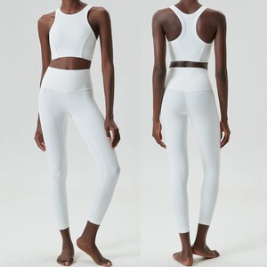 Ensemble de Yoga pour femmes 2 pièces solide avant Logo vêtements de sport entraînement Legging et Fitness soutien-gorge haut court à manches longues respirant vêtements de sport - Product Image 4