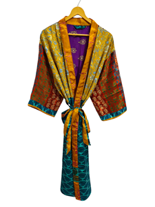 Túnica India Floral Seda Sari Kimono Vintage Sari Robe Suave Playa Fiesta Vestido Indio Hecho A Mano Seda Kimono - Product Image 2