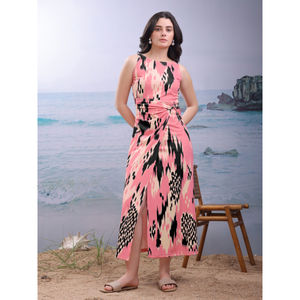 A-Line Maxi <b>Dress</b> for Women Sleeveless Boat Neck Floral Print Stretchable Imported Fabric Elegant <b>50</b>-Inch Party Wear - Product Image 1