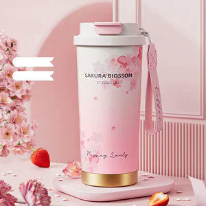 Vente en gros usine – Nouvelle tasse <span class=keywords><strong>thermos</strong></span> rose personnalisée pour femme, 17 oz, pour café, avec isolation, motif fleur de cerisier, idéale comme cadeau romantique - Product Image 2