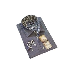 Blue Gray Jean Style Oxford Woven Collar and <b>Cuff</b> Slim Fit Shirt with Leaf Pattern - Product Image 2