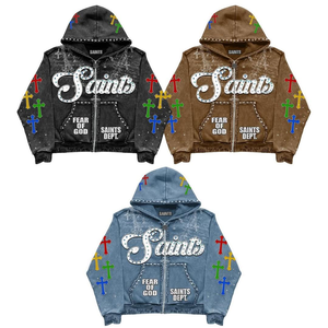 OEM personalizado Zip up Distress parche bordado Sharp Hood Sudadera con capucha Rhinestone ácido lavado Color Sudadera con capucha Rhinestones completos Sudadera con capucha 2025 - Product Image 4