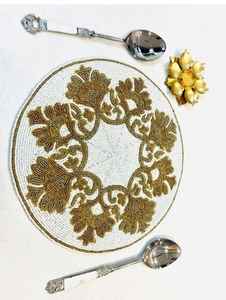 Handmade Glass Beaded Round Table <b>Placemat</b> Silver and Gold with <b>White</b> Beads 14X14 Inches Eco-Friendly American Style - Product Image 4