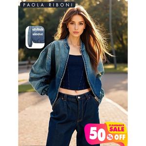 Paola Riboni Women's <b>Denim</b> Bomber <b>Jacket</b> Loose Fit Stonewashed Cotton Autumn Winter Style with Zippers - Product Image 2