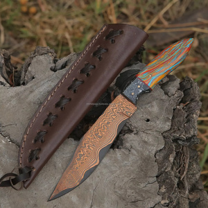 Couteau de chasse en acier damas en cuivre avec manche multicolore Lame de qualité supérieure pour les aventures en plein air Couteaux pleine soie - Product Image 1