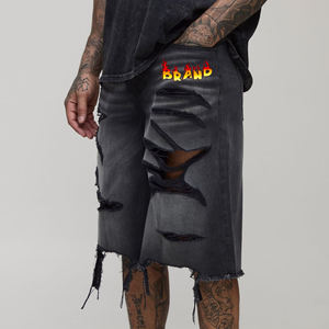 Venta al por mayor Vintage Baggy Men's Shorts de alta calidad lavado negro personalizado hasta la rodilla desgastado suelto hip hop hombres jorts - Product Image 6