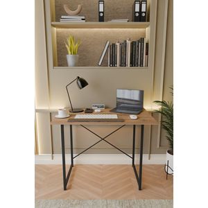 Bureau d'ordinateur moderne en bois massif 60x90cm, pied décoratif en métal avec rangement pour bureau ou salon - Product Image 3