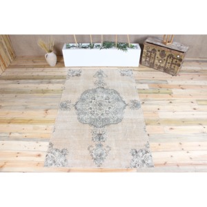 4.3x7.1 ft Vintage Rug, Turkish Area Rug, <b>Brown</b> Blue Floral <b>Wool</b> Rug - Product Image 1