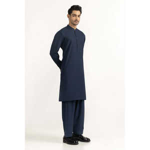 <b>Men's</b> Navy Basic <b>Kurta</b> with Regular Fit 100% Cotton Material Wrinkle Free Eastern Wear Summer - Product Image 3