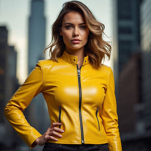 Haute en cuir véritable matelassé tricoté Slim Fit col montant dégradé couleur moto Style dames mode mi-poids cuir - Product Image 1