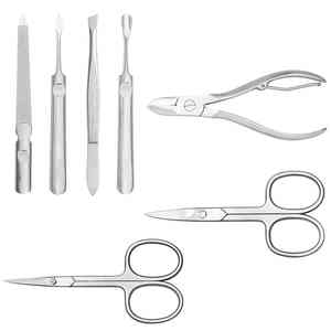 Juego de manicura y pedicura de 7 piezas, bolsa de cuero PU personalizada con acero inoxidable de alto carbono, Tijera para uñas, empujador, pinza, acabado Dall - Product Image 5