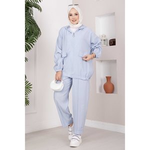 Conjunto de Dos Piezas con Capucha y Cierre de Cremallera en Azul Bebé, Estilo Casual Holgado para Primavera, Transpirable y Resistente al Viento, con Logotipo Impreso - Product Image 4