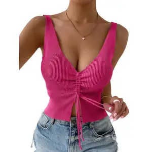 Women's V-neck Slim Fit Crop Top Sexy Crop Top With Drawstring Pleats And Slit Details