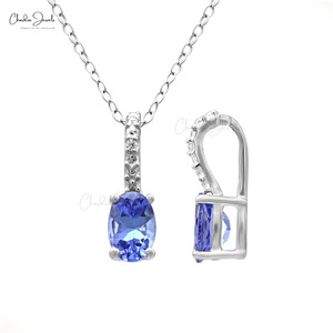 Hermoso Colgante de Oro Real de 14K Hecho a Mano con Diamante Blanco y Tanzanita Ovalada de 6x4, Colgante con Argolla Oculta, Delicado Regalo para Mujer - Product Image 4