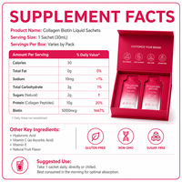 Sachets liquides de collagène et biotine pour adultes OEM/ODM 10g, peptides hydrolysés, 5000mcg de biotine, acide hyaluronique, vitamines C et E, 30mL pour la peau