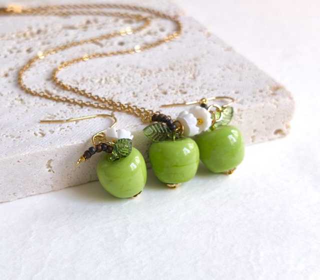 Green Apple Earrings And Necklace Set Fruit Jewelry 925 Sterling Silver 14K Gold Plated Spring Summer Gift For Her
