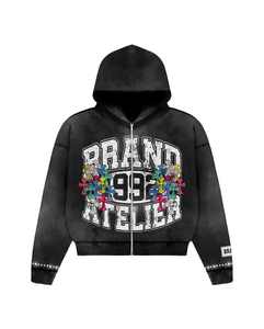 À la mode élégant personnalisé solide plaine sérigraphié conception lavé à l'acide deux pièces ensembles à capuche Shorts ensembles cordon zipup - Product Image 4