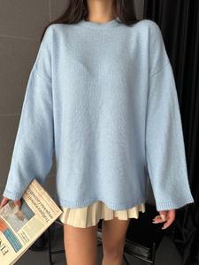 Jersey acogedor de manga larga de gran tamaño para mujer, túnica con cuello redondo, hombro caído, Jersey de punto plano gris informal para invierno-Otoño - Product Image 4