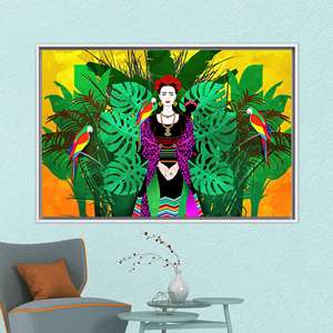 Toile d'art murale imprimée Frida : célèbre œuvre d'art de Kahlo avec des perroquets, 1P : encadrée en blanc - Product Image 1