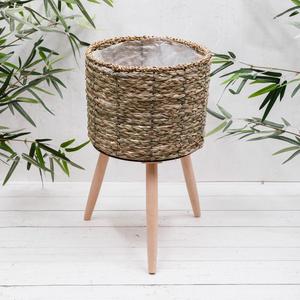 Panier de plantation en herbe de mer fait à la main avec support en bois, pot de fleurs décoratif d'intérieur - Product Image 4