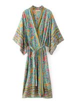 Robe Kimono Bohème Élégante à Col en V pour Femme, Légère, Longue, Imprimée, en Nylon Doux, avec Ceinture, Idéale pour les Vacances et comme Vêtement de Nuit
