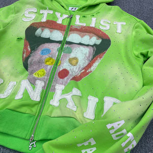 Fabricación de ropa personalizada bordado de peso pesado Sun Faded Zipper Asidwash sudadera Rhinestone Boxy Cropped Distress Hoodie - Product Image 4