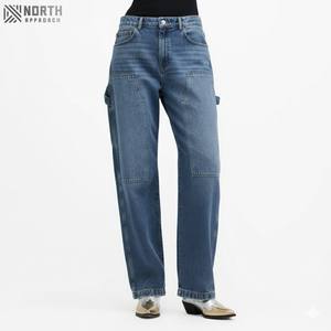 Pantalones de mezclilla azul medio de pierna recta elegante Diseño de doble bolsillo Pantalones vaqueros de Mujer simples y elegantes casuales de moda - Product Image 3