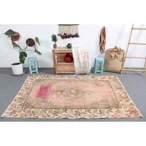 Alfombra de 4.4x6.9 pies, Alfombra Turca Vintage, Alfombra Sólida Rosa Marrón - Product Image 1
