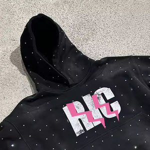 OEM เสื้อฮู้ดผ้าฝ้ายฟอกสีกรดสำหรับผู้ชายเสื้อสเวตเชิ้ตพิมพ์ลายไรน์สโตนโอเวอร์ไซส์ - Product Image 2