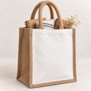 Sac fourre-tout en toile de jute naturelle 8x10x5.5 avec logo personnalisé, réutilisable, pour emballage cadeau, avec soufflet et poignée en corde PriGlob Exim - Product Image 5