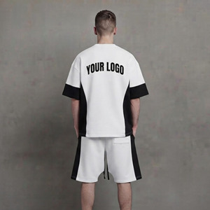 Ensemble T-shirt et short en coton pour homme, col rond, décontracté, sportif, été, blanc, noir, imprimé lettres, respirant, tricoté - Product Image 2