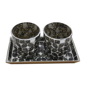 Iron Rectangle Tray With Two Votive Brass and <b>Green</b> Texture Mosaic Decorative Tray With <b>Candle</b> Holder Tabletop Decor - Product Image 1