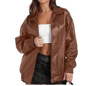 Chaquetas de Cuero Genuino para Mujer al por Mayor, Chaqueta Sólida de Manga Larga para Mujer, Diseño OEM, Logotipo, Chaqueta de Cuero Transpirable de Color Marrón - Product Image 1