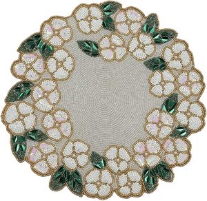 Handmade Classic Style Green & White Floral Design round Glass <b>Beaded</b> <b>placemat</b> for Dining Table & Home Decor - Product Image 1