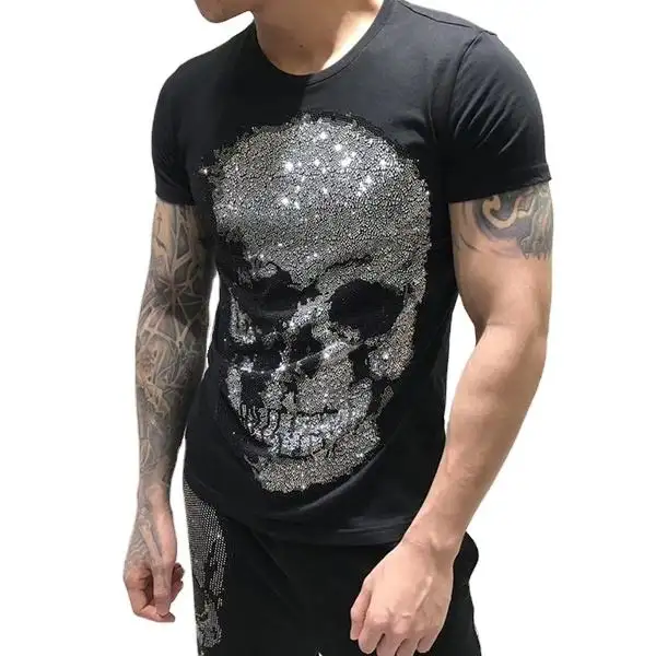 100% algodón verano ropa de calle de gran tamaño casual hip hop camiseta personalizada Transferencia de diamantes de imitación cráneo huesos camisetas para hombres