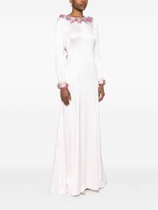 Floral Fuchsia A-ligne O-cou perlé robe de soirée manches longues dos nu pleine longueur antistatique pour les fêtes de bal avant inclus - Product Image 3