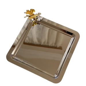 Bandeja DE SERVICIO DE ACERO INOXIDABLE martillado ovalada clásica con asas de hojas de Ginkgo doradas, perfecta para decoración del hogar y servicio de fiestas - Product Image 2