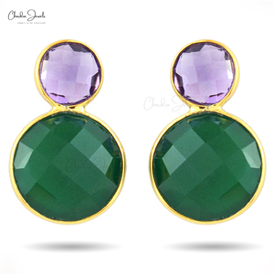 Best Seller 925 <b>Sterling</b> <b>Silver</b> Green Onyx & Purple Amethyst Round <b>Earring</b> Gold Plated Two Gemstone Women <b>Stud</b> <b>Earrings</b> Supplier - Product Image 1