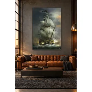 Impression sur toile d'un bateau à voile Fida avec drapeau pirate sur un mer déchaînée - Product Image 1