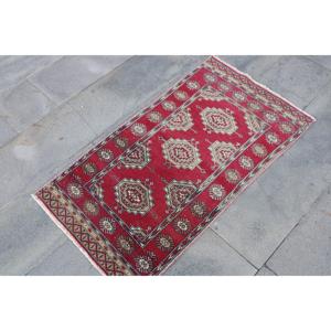 Turkish Vintage Rug, 2x3.8 ft Rug, <b>Red</b> White Ikat <b>Wool</b> Rug - Product Image 3