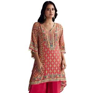 Ensemble Palazzo caftan imprimé rouge cramoisi, vente en gros de vêtements ethniques pour femmes, conception personnalisée d'usine de vêtements, fournisseur en gros, mode OEM - Product Image 4