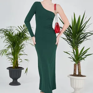 녹색 단일 소매 맥시 길이 모래 직물 원피스 등이없는 캐주얼 드레스