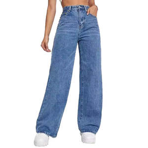 Pantalon en jean droit uni bleu clair pour femme, jean de créateur, taille mi-haute, coupe régulière, respirant, 100% coton, ceinture brodée - Product Image 4