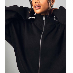 Sweat à capuche oversize personnalisé à col montant en polyester et coton, à épaules tombantes, zippé, style bomber oversize pour femme - Product Image 2