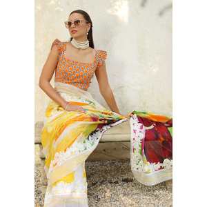 Sari de 3 piezas sin coser con encaje decorado e impresión digital, tela transpirable Denting Lawn SR-52009 - Product Image 4